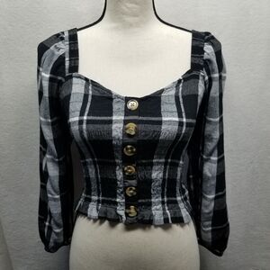 American Eagle S Top Ruched Black White Plaid Cropped Long Sleeve BOHO Preppy